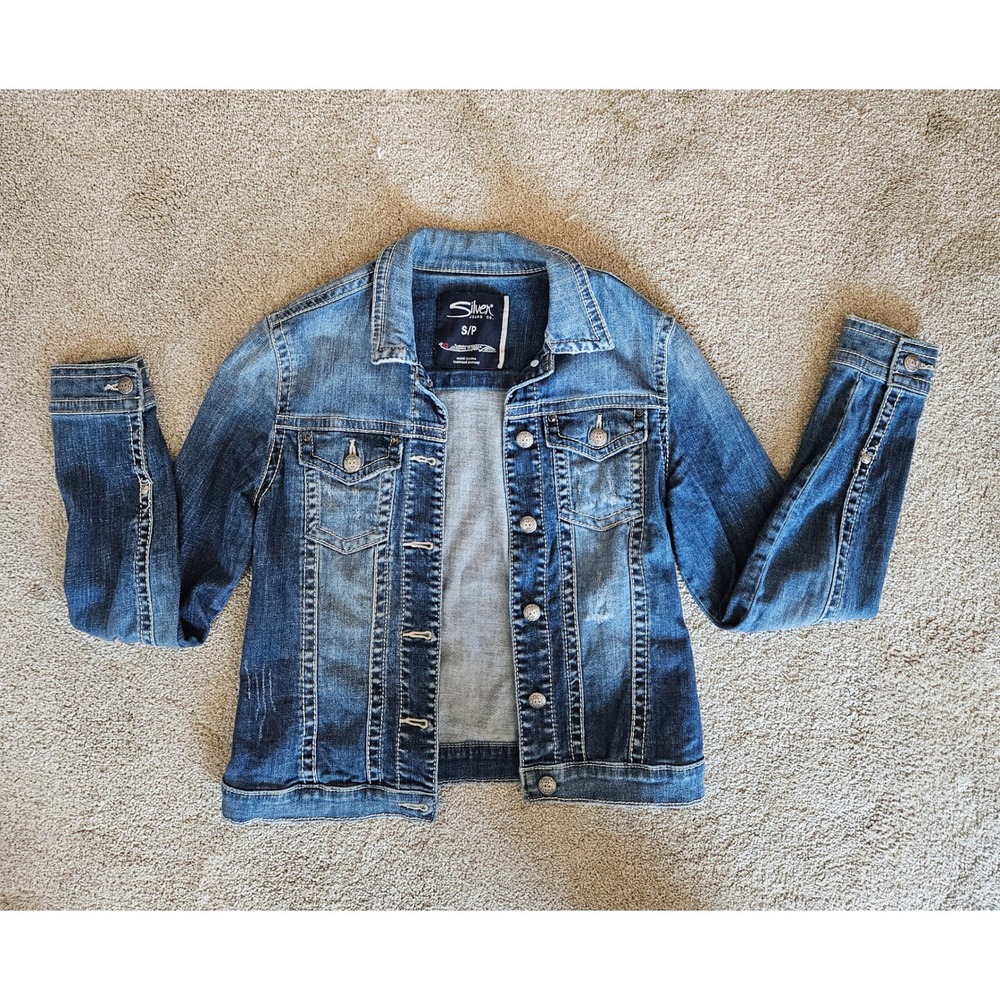 Silver Jeans Co Denim Jacket Womens Small Blue Distressed Western Boho Classic